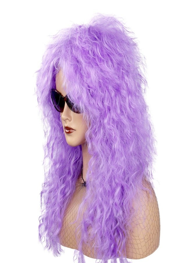 MEIRIYFA 80s Rocker Punk Wig Long Curly Wig for Men and Women Retro Mullet Wigs for Halloween Costume Cosplay Party (Purple) - Image 2